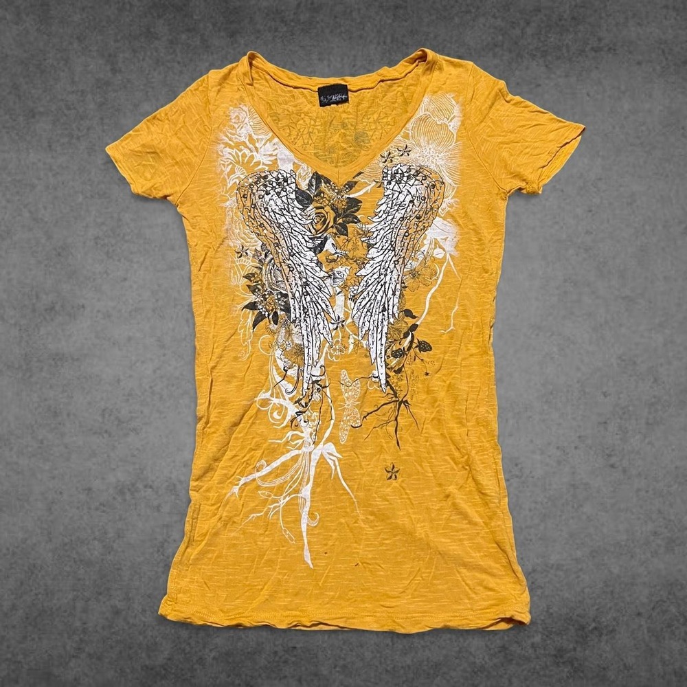 Vintage Y2K Grunge Angel Wing Graphic T-Shirt Yellow V-Neck Streetwear Womens